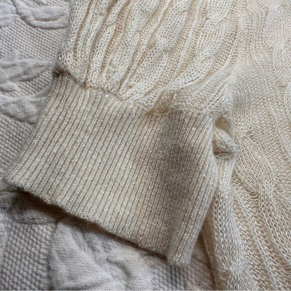 Ralph Lauren Ruffle Creamy Tie Neck Sheer Cable Knit Linen Alpaca S/S Sweater - Picture 4 of 8